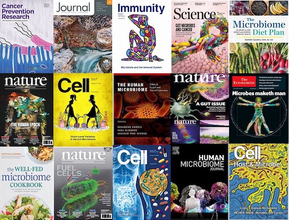 Collage of covers of various scientific Journals like Cell, Nature, etc. 